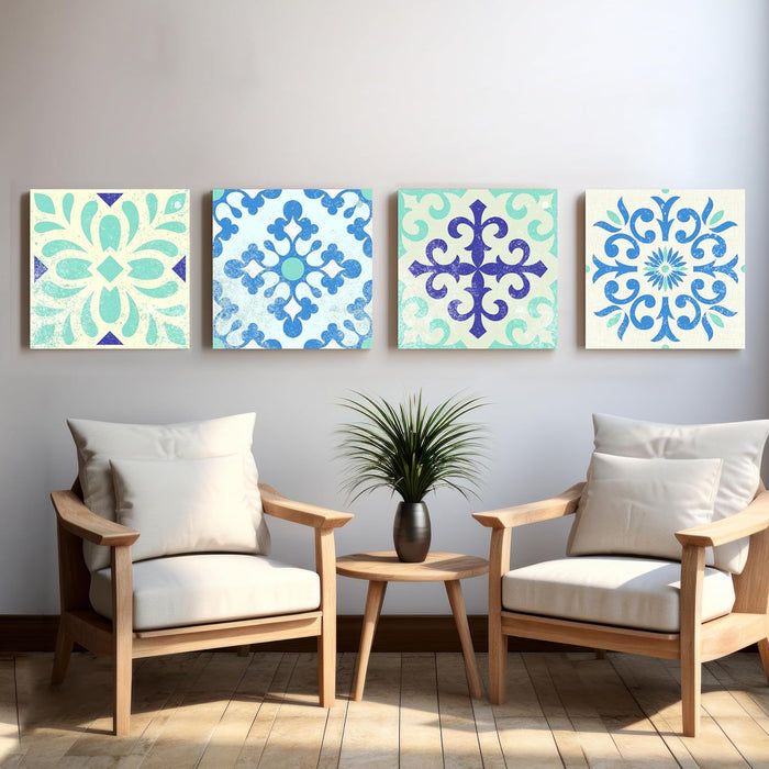 Set of 4 Stretched Canvas Bright Fractal Floral Moroccan Pattern Art Painting.