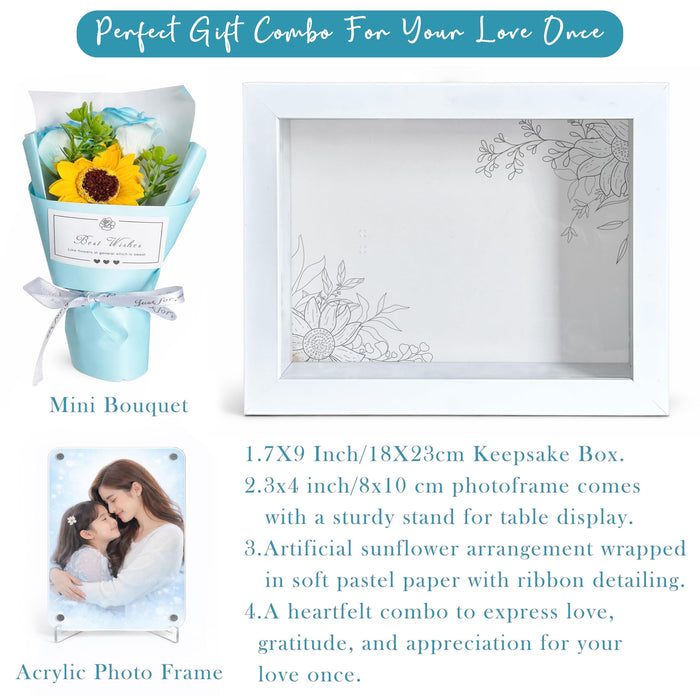 Mother's Day Flower Gift Box for Memories with Flower Bouquet and Fridge Magnet, Beautiful Moments in a Shadow Box, for Anniversary Gifting, Elegant Home Decor Display (Size: 18x23 cm)