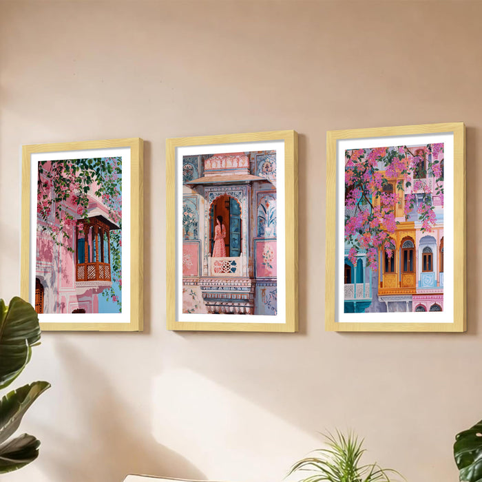 Abstract Indian Traditional A3 Framed Poster for Living Room With Frame, Women's Day Gift Abstract Architecture Framed Posters for Home Decor Bedroom Hallways Office Hotel Set of 3, Size 33x45 cm