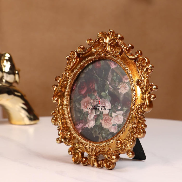 Vintage 4x4 Inch Photo Frame Golden Brown Round – European Style Resin Picture Frame, Tabletop or Wall Display, Antique Decorative Design, 10x10 cm