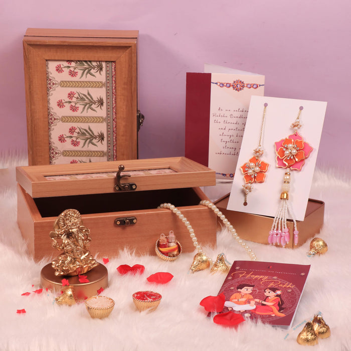 Rakshabandhan Gift Hamper for Brother and Bhabhi, Vintage Jewellery Box 2 Rakhi with Chawal and Roli Gift Set for Celebrate Raksha Bandhan