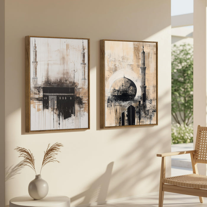 Kaaba Abstract Minimalist Stretched Canvas Painting Islamic Large Wall Art Painting for Living Room Decoration, Stylish Large Wall Art Print for Wall Decor (Set of 2, 58x89 cm)