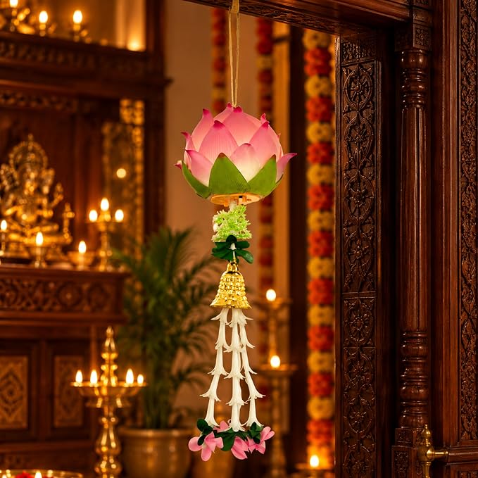 Pink Lotus LED Hanging Lantern Light for Diwali Decoration, Festive Home Decor, Mandir, Puja Room & Traditional Indian Festival Decoration