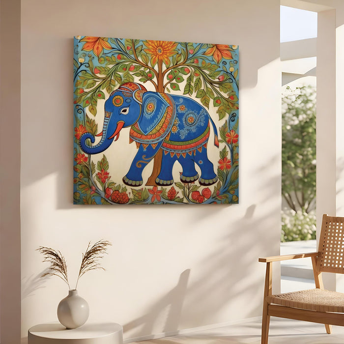 Madhubani Elephant Stretched Canvas Wall Art Painting For Living Room, Traditional Indian Folk Tree of Life Painting With Frame, Ethnic Home Decor for Living Room, Office & Vastu (56xx56 cm)