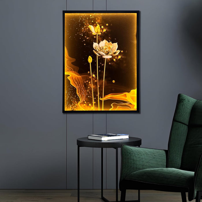 Framed Canvas Art Print with LED Light Decorative Painting Wall, Canvas Art, Digital HD White Lotus Print Wall Decor 43x58 cm