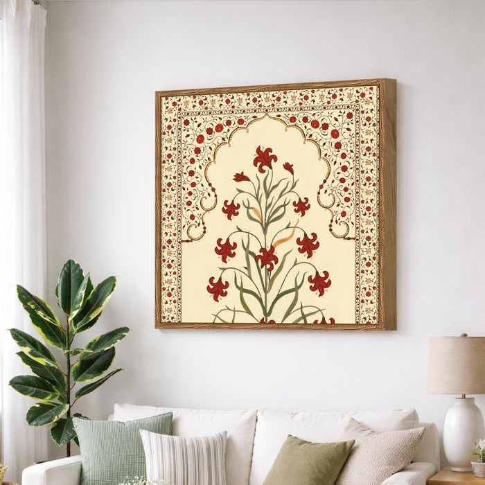 Madhubani Floral Framed Painting For Living Room | Traditional Indian Flower Large Canvas Painting With Frame Wall Art For Bedroom, Hallway's, Office, Hotel, Size 58x58 cm