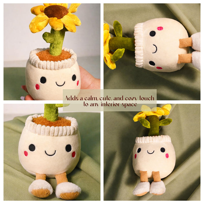 Art Street Cute White Potted Plush Plant with Smiling Face & Dangling Legs | Soft Sunflower Kawaii Desk Decor | Unique Gift for Plant Lovers, Valentine's Day