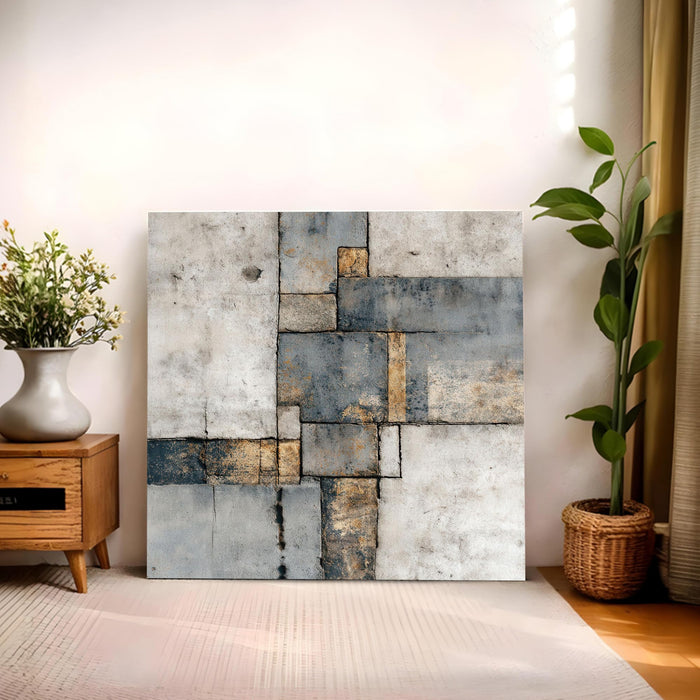 Abstract Industrial Tranquility Stretched Canvas Art Painting For Living Room, Gold & Blue Geometric Square Painting, Contemporary Decor for Living Room, Office & Home Decor (56xx56 cm)