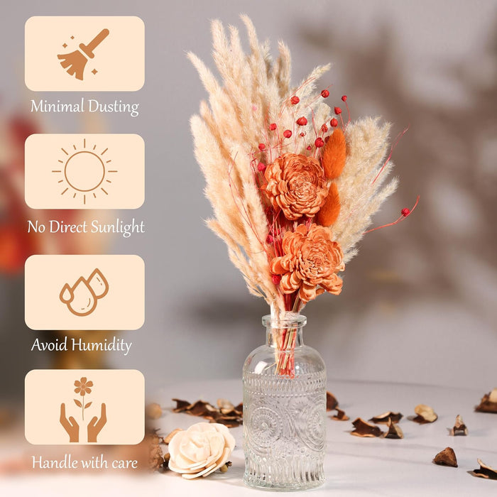 Dried Pampas Grass and Orange Artificial Flowers Bouquet Boho Dried Flower Arrangement, Natural Dry Floral Bouquet 30 cm
