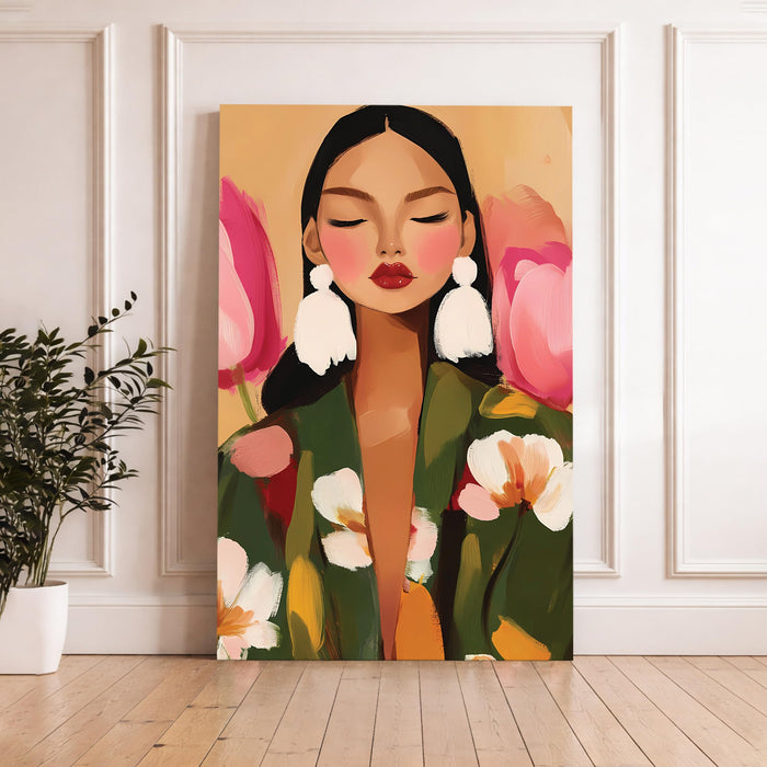 Abstract FLoral Portrait Stretched Canvas Painting For Living Room | Feminine Figurative Stretched Canvas Wall Art For Livingroom Home Decor, Bedroom, Hallway's, Office, Hotel - 56x86 cm