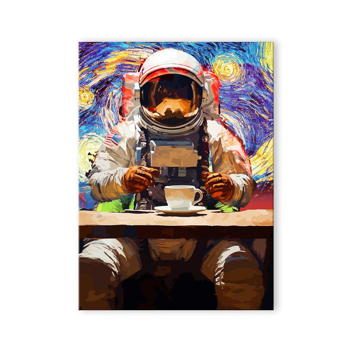 Art Street Stretched Canvas Painting Astronaut with Coffee Starry Night Graffiti Wall Art for Home Decor, Living Room, Office Size (16x22 inch)