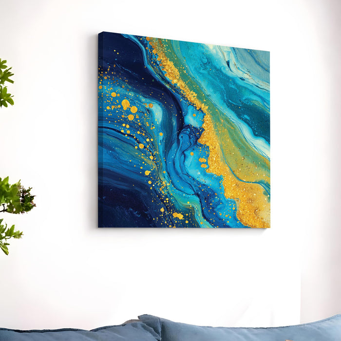 Abstract Blue & Gold Marble Wall Art Painting For Living Room, Modern Fluid Ink Stretched Canvas Painting with Gold Foil Splatter, Contemporary Decor for Living Room, Home & Office (56xx56 cm)