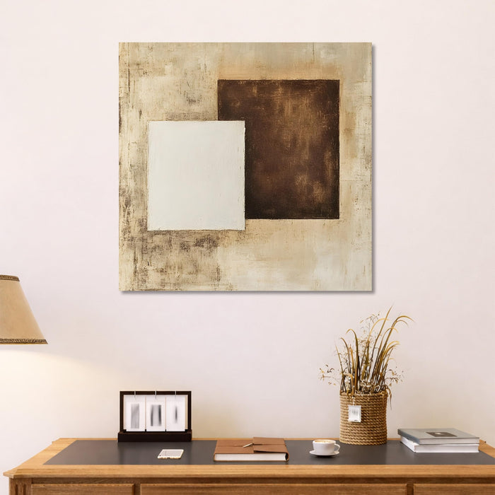 Modern Abstract Stretched Canvas Wall Art Painting For Living Room, Minimalist Geometric White & Dark Brown Textured Painting for Living Room, Office & Home Decor (56xx56 cm)
