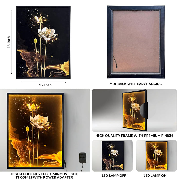 Framed Canvas Art Print with LED Light Decorative Painting Wall, Canvas Art, Digital HD White Lotus Print Wall Decor 43x58 cm