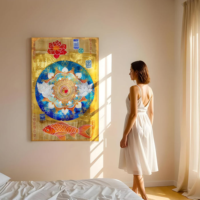 Abstract Mandala Art of Lotus and Koi Fish Multicolor Wall Art on Stretched Canvas – Frameless Unframed Gallery Wrap Canvas Wall Art 22x34 Inch