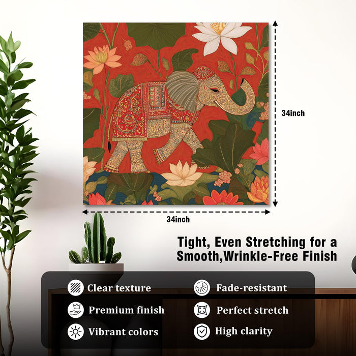 Elephant Vastu Art Stretched Canvas Painting For Living Room | Floral Madhubani Wall Art Large Canvas Painting For Livingroom Home Decor, Bedroom, Hallway's, Office, Hotel - 86x86 cm