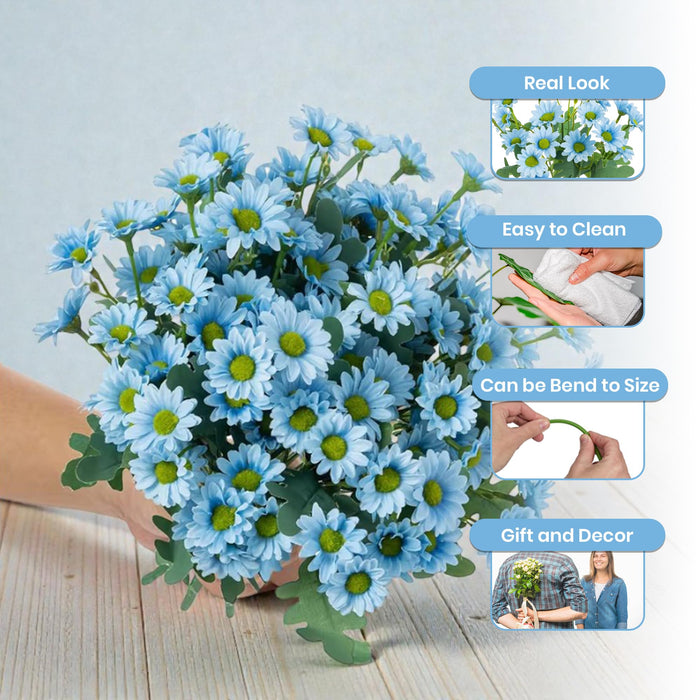 Art Street Artificial Blue Flowers Bunch |Daisy Flowers for Home | Living Room, Valentine Day Décor |Christmas Day, New Year Gift, 7 Head 21 Flowers| Pack of 2|Size 13 INCH, (Without Vase)