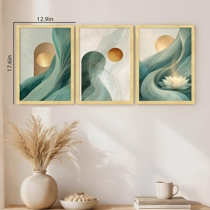 Modern Abstract Blooming Lotus A3 Framed Poster for Living Room With Frame, Luxury Abstract Geometric Moon Framed Vastu Posters for Home Decor Bedroom Hallways Office Hotel Set of 3, Size 33x45 cm