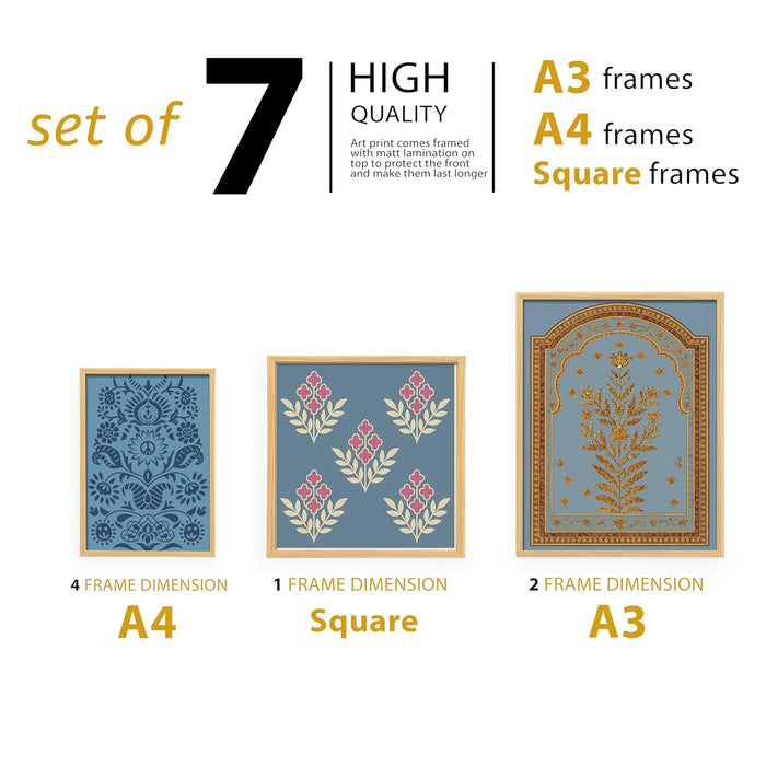 Floral traditional Indian Art Wall Art Print Paintings, set of 7 | Digital Framed Painting 30x42, 21x30, 30x30 cm