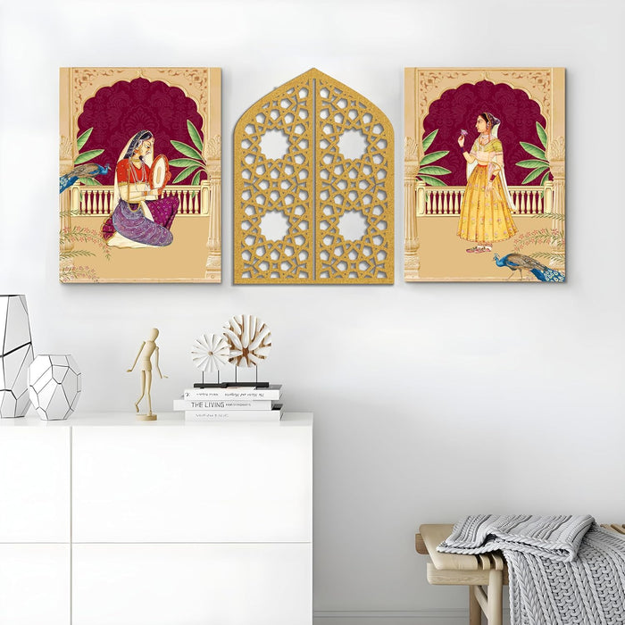 Stretched Canvas Painting, Artwork with MDF Jali for Living Room, Gallery Wall Art (Set of 3, 12x16 Inch Each)