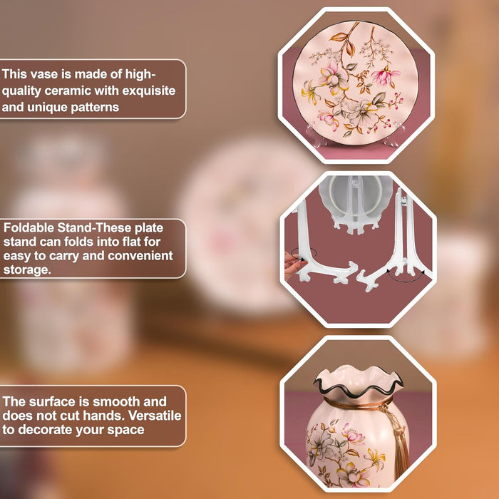 Flower Pinted Ceramic Vases and Decorative Plate Combo for Décor (White, 4.5x9 Inch and 8x8 Inch)