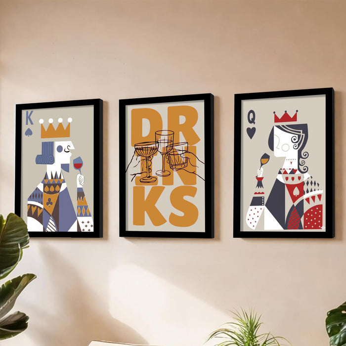 Poker King Queen Retro Graphic A3 Framed Poster for Living Room With Frame, “Drinks” Retro Framed Posters for Home Decor Bar Pub Lounge Dining area restaurant Hotel Set of 3, Size 33x45 cm