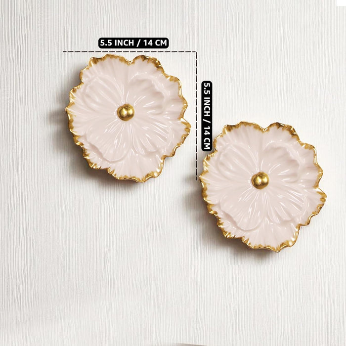 Pack of 2 White and Golden Floral Shape Ceramic Wall Decor Plates Handmade Round Floral Wall Hanging Decorative Items – 14x14 cm