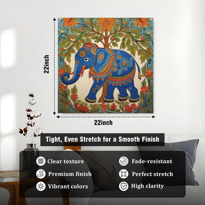 Madhubani Elephant Stretched Canvas Wall Art Painting For Living Room, Traditional Indian Folk Tree of Life Painting With Frame, Ethnic Home Decor for Living Room, Office & Vastu (56xx56 cm)