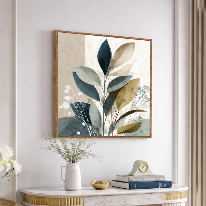 Abstract Botanical Leaf Framed Painting For Living Room | Modern Nature Leaves Large Canvas Painting With Frame Wall Art For Bedroom, Hallway's, Office, Hotel, Size 58x58 cm