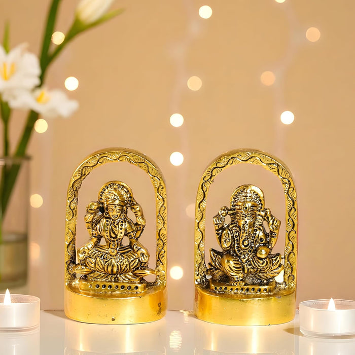 Metal Traditional Arched Lakshmi Ganesha Brass Finished Idol, Lakshmi Idol for Deepawali Decoration, Brass Finished Idols for Diwali 6.4x10.7 cm
