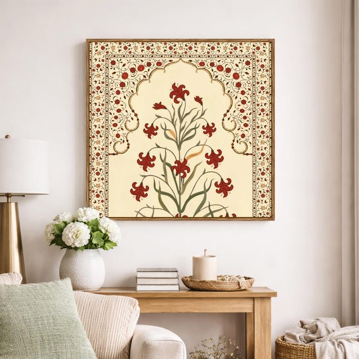 Madhubani Floral Framed Painting For Living Room | Traditional Indian Flower Large Canvas Painting With Frame Wall Art For Bedroom, Hallway's, Office, Hotel, Size 58x58 cm