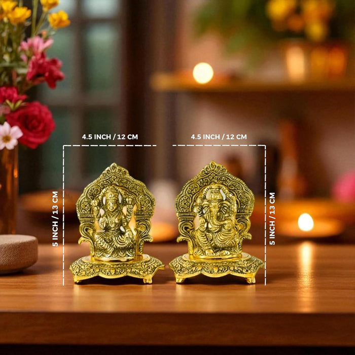 Metal Lakshmi and Ganesha Idols Set for Pooja Room Traditional Brass Finished Idol, Deepawali Decoration for Home, Lakshmi Ganesh Brass Finished Idol for Temple 12x13 cm