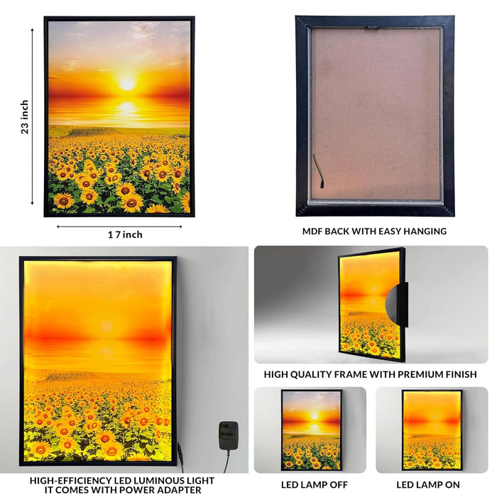 Framed Canvas Art Print with LED Light Canvas Wall Art, Sun and Field of Sunflower Painting with LED Decorative Wall Decor 43x58 cm