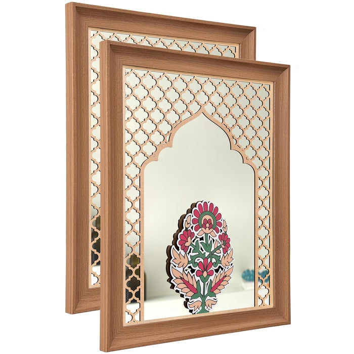 Decorative Acrylic Mirror with Floral And Mughal Design MDF Jali Set of 2 | Two Beige Jharokha Wooden Wall Mirror Panel (18x14 Inch)