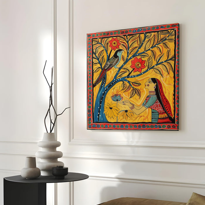 Madhubani Birds and Women Painting for Wall Decoration | Flower Canvas Wall Painting for Living Room, Bedroom, Home and Office Wall Decor (41x41 Cm)