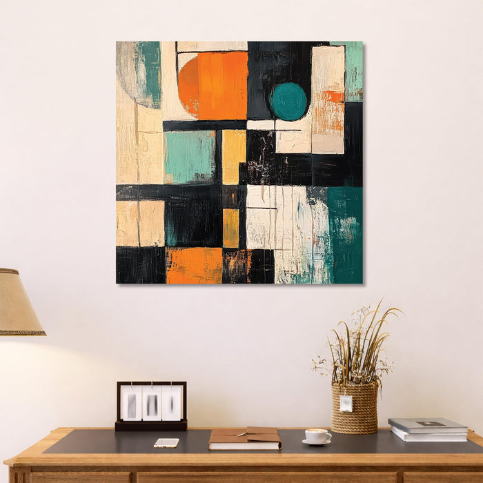 Modern Abstract Geometric Wall Art Painting For Living Room, Bold Orange, Teal & Black Shapes Stretched Canvas Wall Art Painting for Living Room, Office & Gallery Decor (56xx56 cm)
