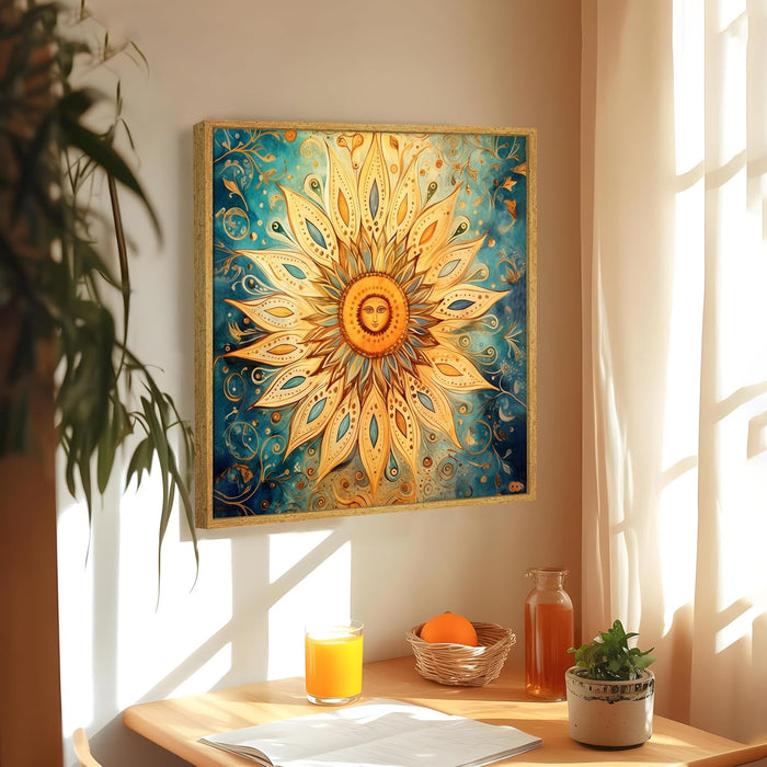 Multicolor Abstract Canvas Framed Painting Wall Art - Mustard Teal Beige Folk Art Sun Abstract Canvas Wall Décor Painting (58x58 cm)
