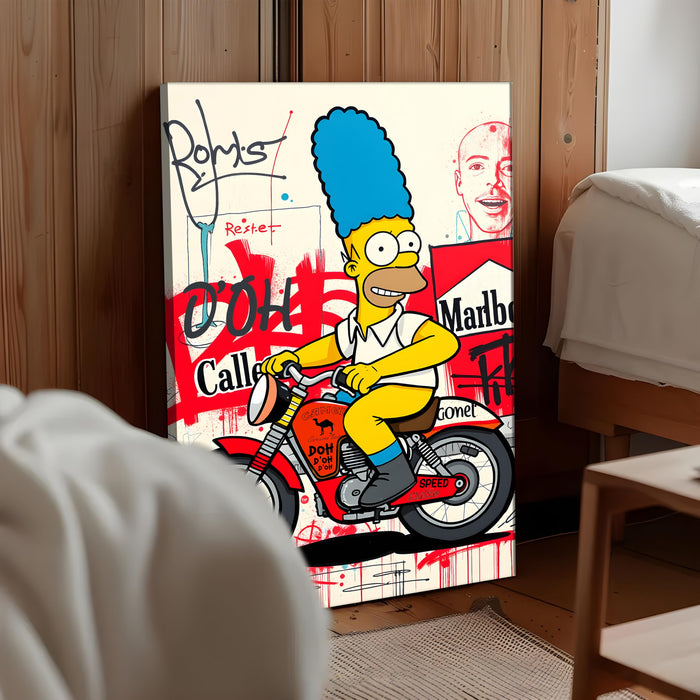 Cartoon Rider Graffiti Stretched Canvas Painting Print | Pop Art Street Style Wall Décor | Modern Abstract Wall Art for Home & Office, 56x86 cm