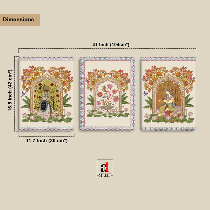 Set of 3 Stretched Canvas Indian Miniature Painting Print Stretched Canvas Wall Art Set of 3 with Mughal Art Wall Decor, Pichwai Floral Archway Traditional Painting 30x42 cm