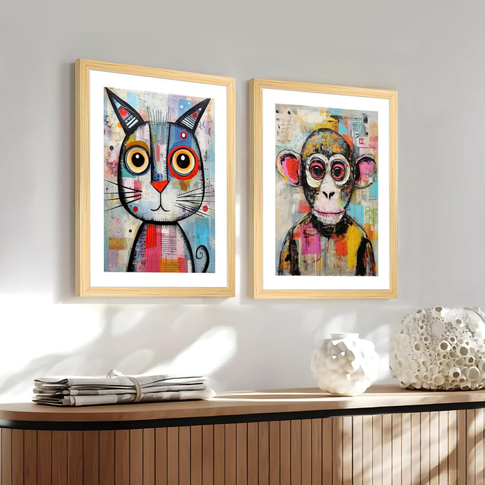 Modern Art Paint Brush Stroke Texture, Monkey and Cat Wall Painting, Set of 2 (Blue, 13x18 Inch)