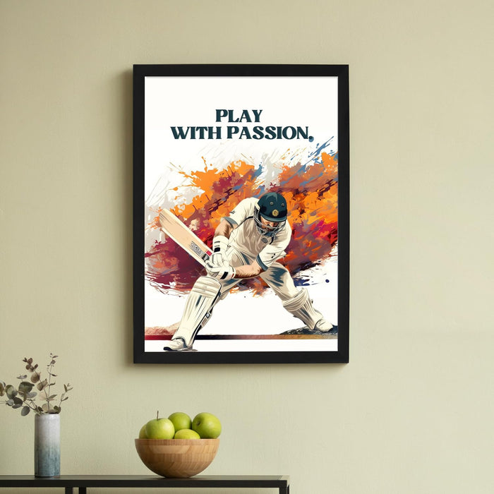 Framed Wall Hanging Art Print of Cricket Batsman Batting Sports Poster For Home Decor (12.7X17.5 Inch)