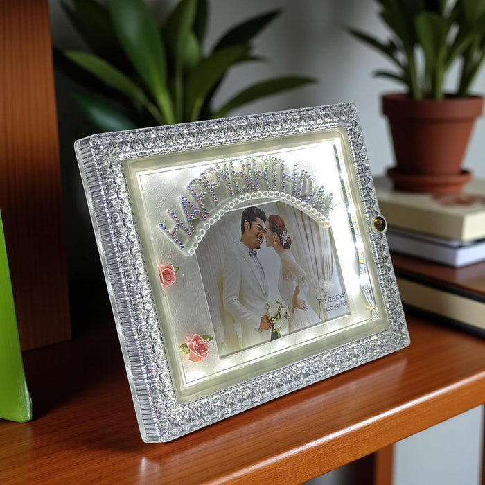 Art Street Happy Birthday Led Couple Photo Frame with Rectangle Mat, Table Top LED Photo Frame, Size: 4x6 Inch