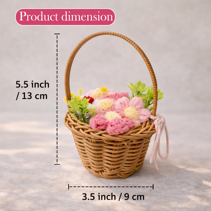 Art Street Handcrafted Crochet Flower Basket with Wicker Handle Decorative Table Accent, Artificial Flower Arrangement Gift Basket for Home Decor, Desk Styling, Shelf Decoration & Festive Gifting