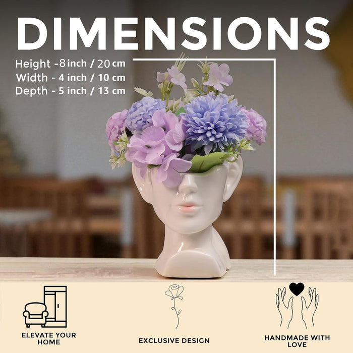 Artificial Flower with Ceramic Face Pot Vase Planter Women Head Pot with Flowers Vase Decorative Flower Vases for Home Living Room Dining Table Bedroom Office Indoor Décor 13x10x20 cm