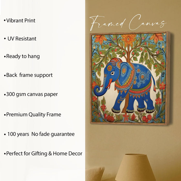 Madhubani Elephant Folk Framed Painting For Living Room | Mithila Botanical Large Canvas Painting With Frame Wall Art For Bedroom, Hallway's, Office, Hotel, Size 58x58 cm
