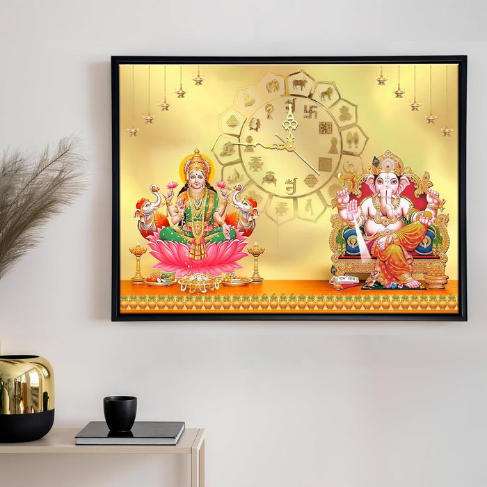 Hindu Religious Portrait Abstract Divine Multicolor Framed Canvas wall art With Clock | Painting with clock. 43x58 cm