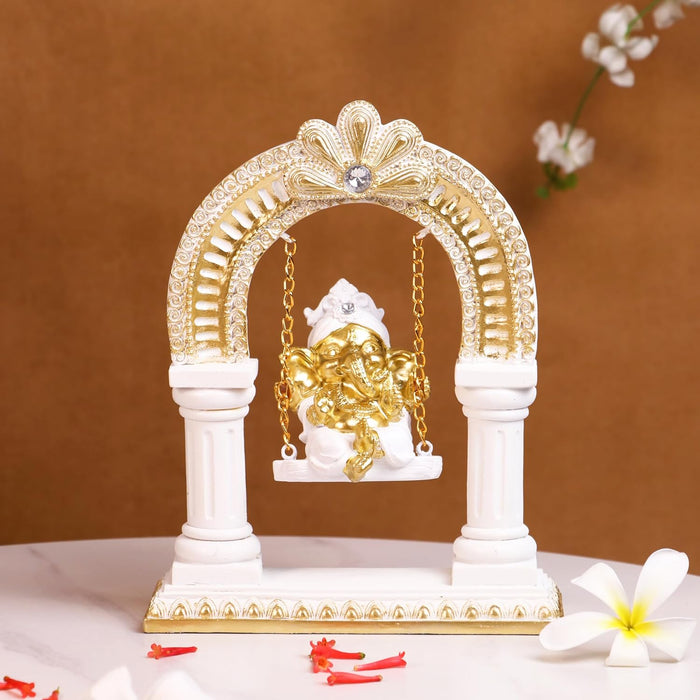 Ganesh Ji Idol for Car Dashboard Home and Pooja Swinging Ganesha Murti Golden and White Ganesh Ji Idols for Gift Mandir Altars Resin Ganesha Statue for Car and Home Height - 23 cm