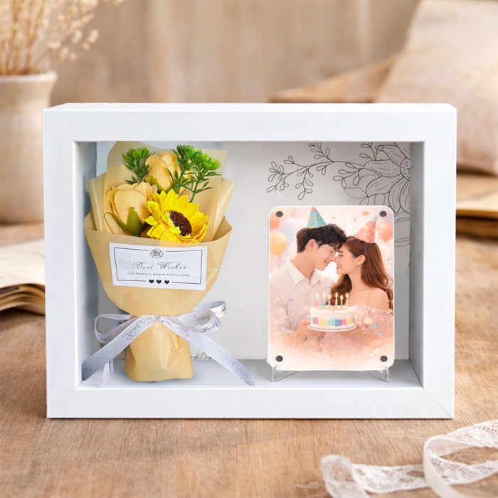 Mother's Day Flower Gift Box for Memories with Flower Bouquet and Fridge Magnet, Beautiful Moments in a Shadow Box, for rakshabandhan, Anniversary Gifting, Elegant Home Decor Display (Size: 18x23 cm)