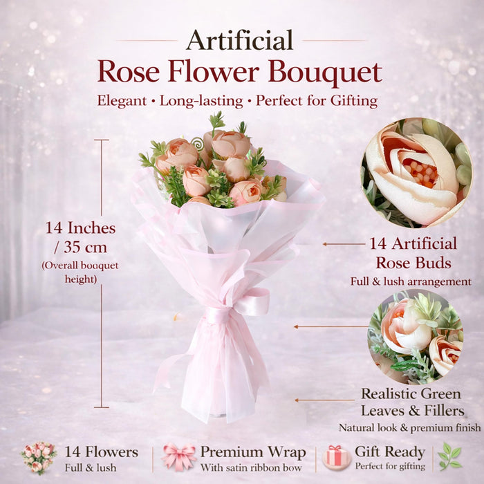 Art Street Artificial Rose Bouquet, Peach Flower Arrangement, Handmade Fabric Flowers for Valentine's Day Gift, Birthday, Anniversary, Romantic Gift for Women, Men, Home Decor, Couple, 35 cm