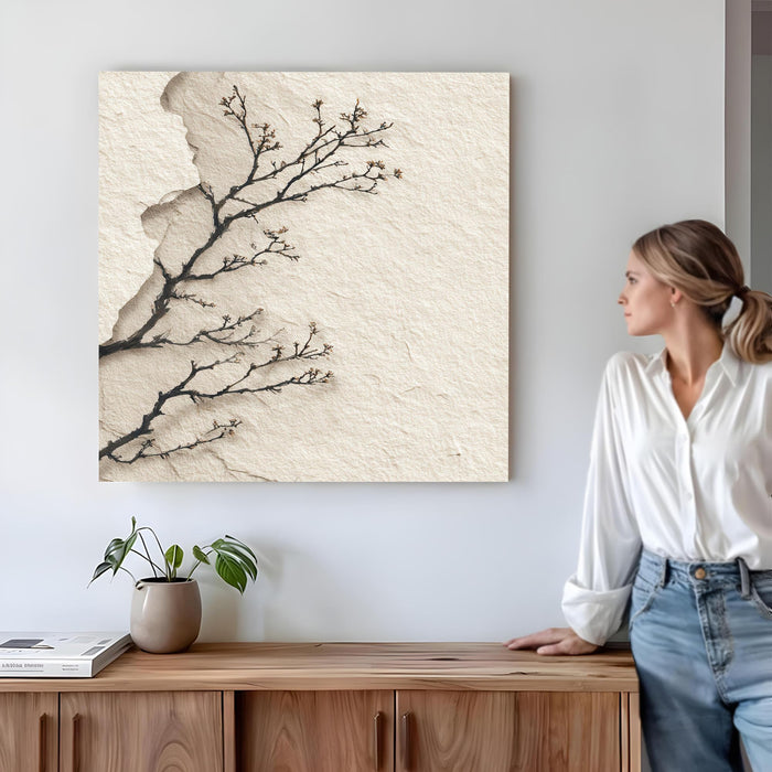 Japanese Zen Tree Branch Stretched Canvas Wall Art Painting For Living Room, Minimalist Wabi-Sabi Landscape Painting, Modern Japandi Decor for Living Room, Office & Home (56xx56 cm)